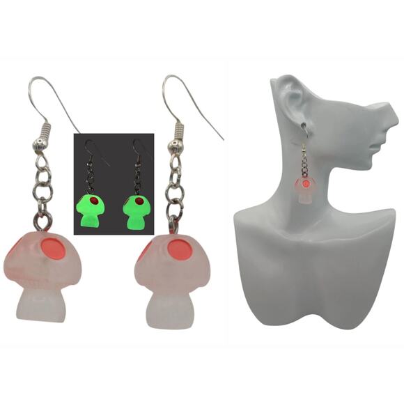 Neon Orange Glow in the Dark Mushroom Earrings Resin Dangle Earrings Gift - Picture 1 of 1